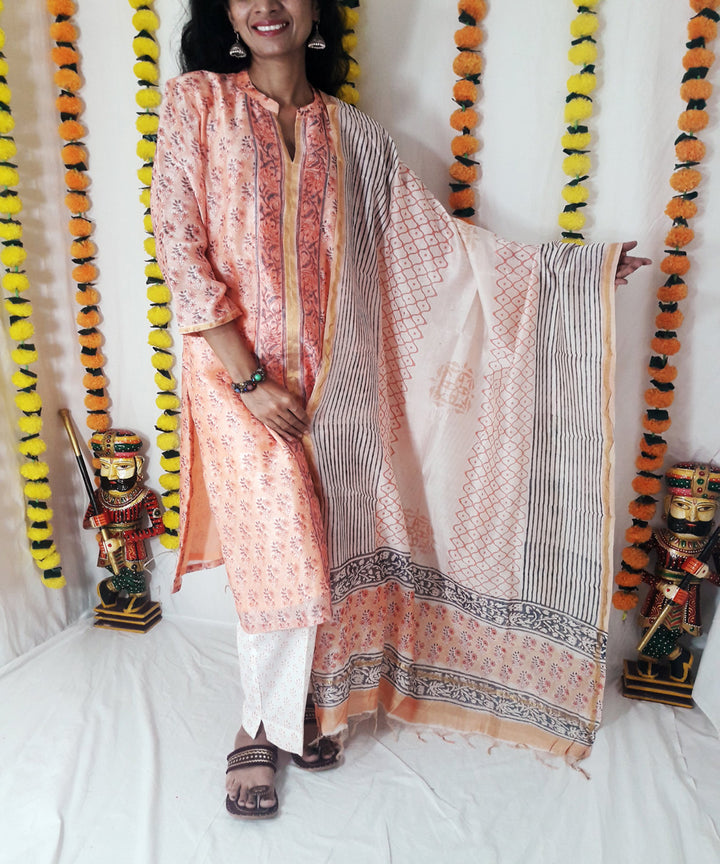 3pc peach block print chanderi suit set