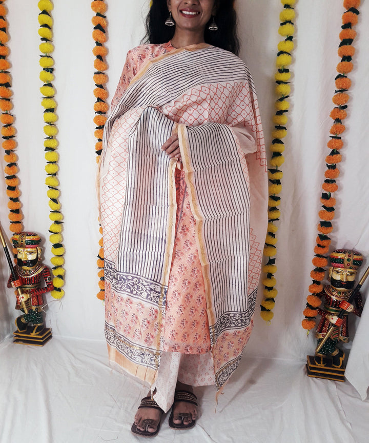 3pc peach block print chanderi suit set