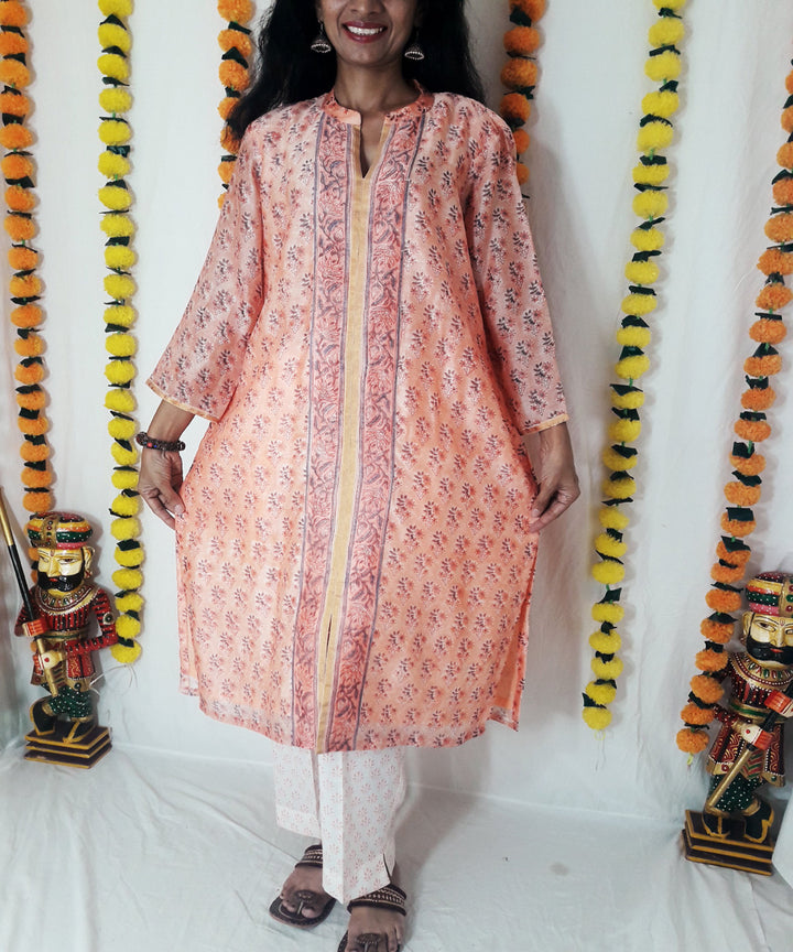 3pc peach block print chanderi suit set