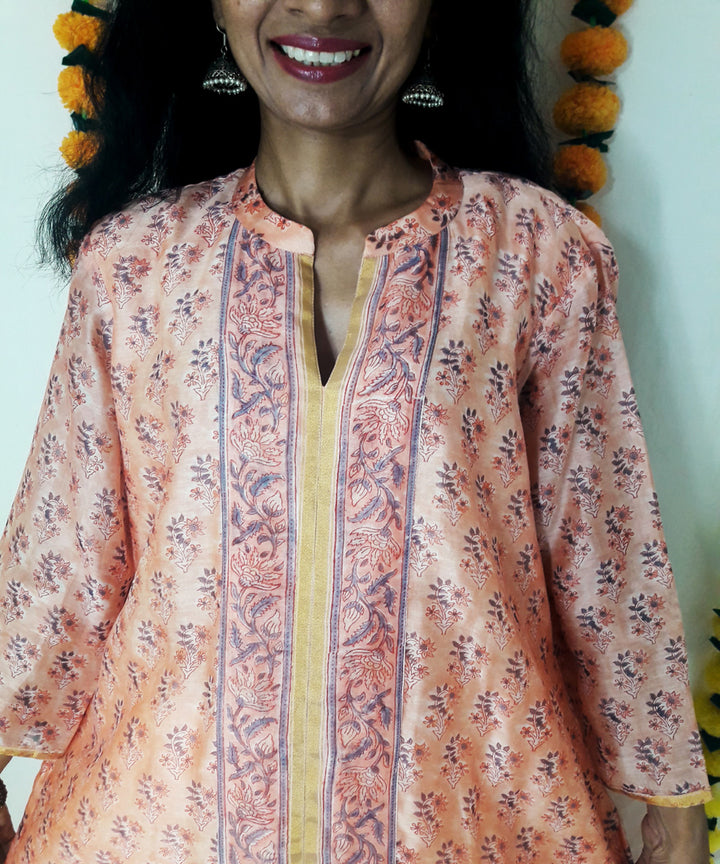 3pc peach block print chanderi suit set