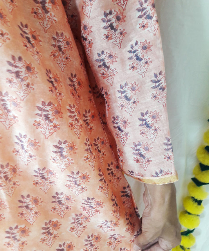 3pc peach block print chanderi suit set