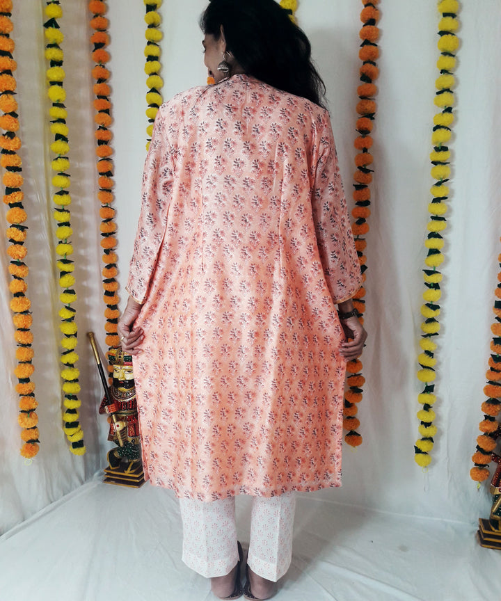 3pc peach block print chanderi suit set
