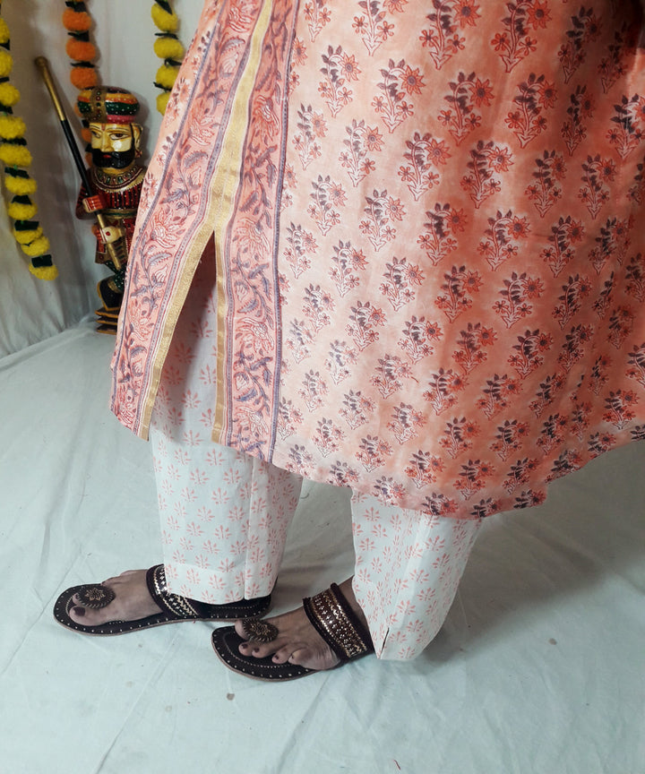 3pc peach block print chanderi suit set