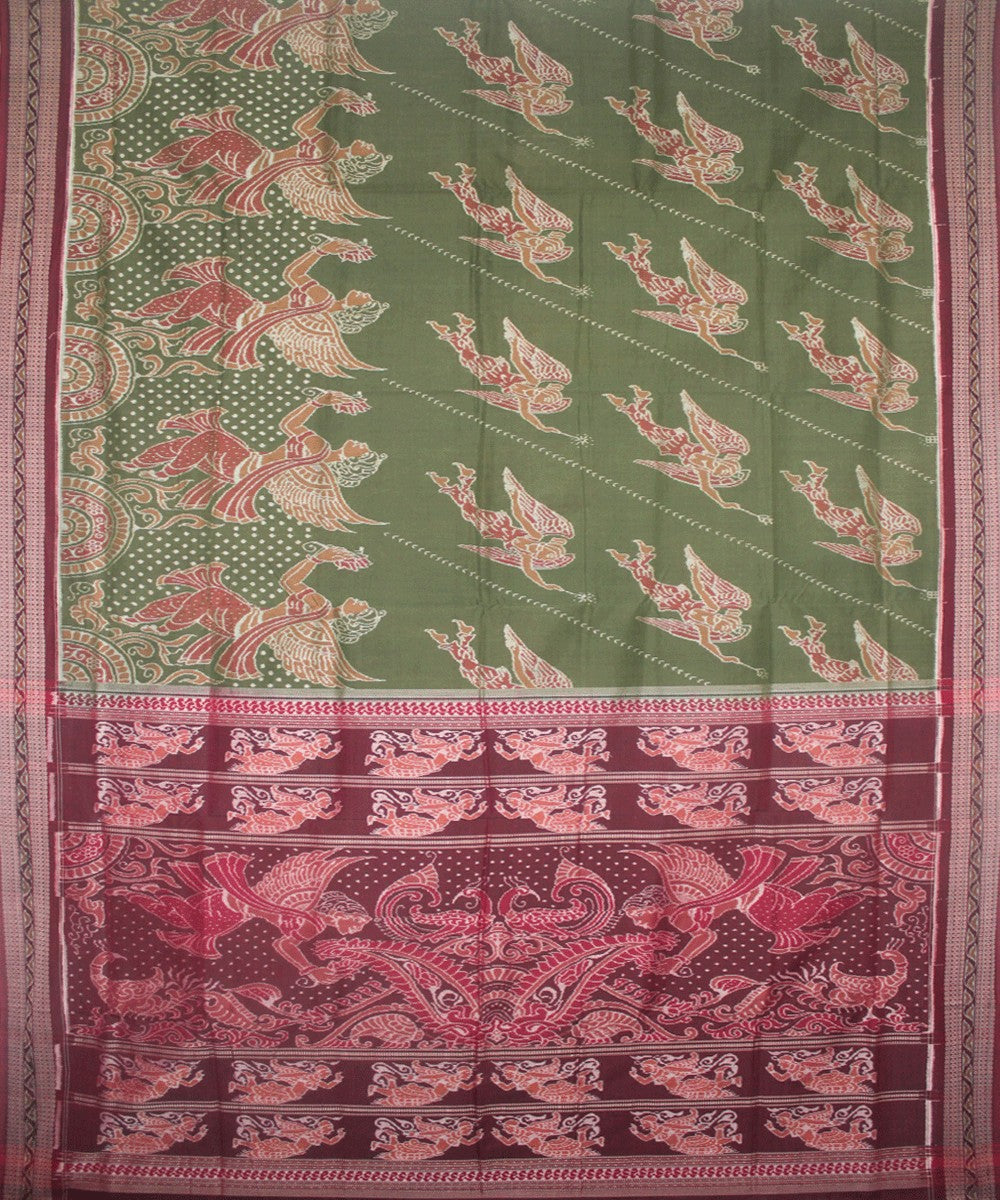Handwoven Sambalpuri Ikat Cotton Saree in Mehendi Green and Dark Maroon