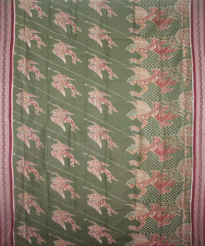 Handwoven Sambalpuri Ikat Cotton Saree in Mehendi Green and Dark Maroon