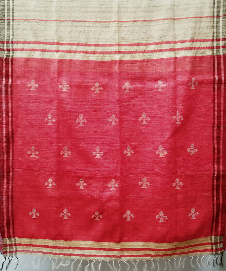 Red beige handwoven extra weft cotton silk saree
