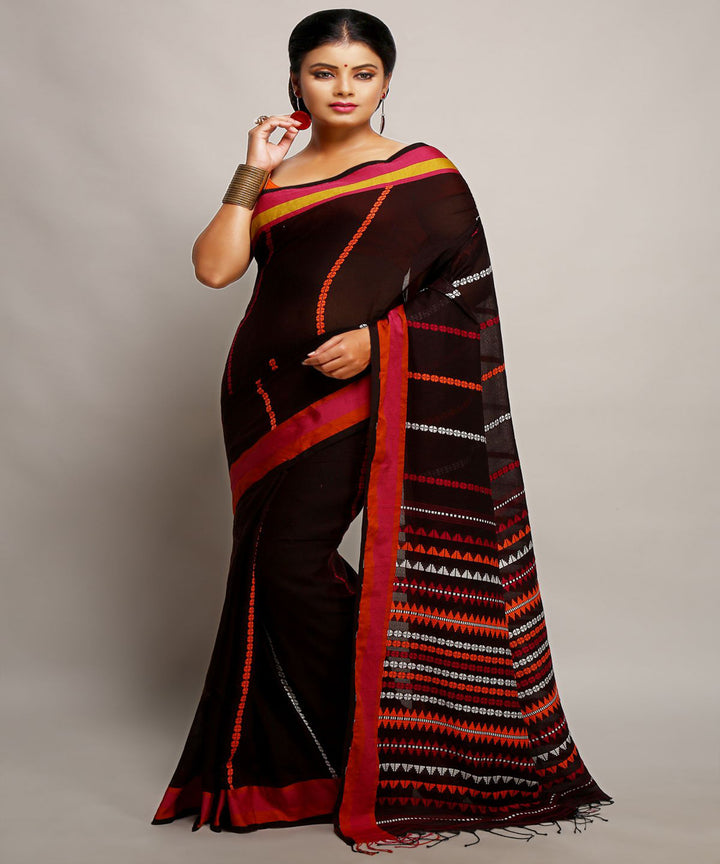 Black maroon handwoven begumpuri cotton bengal saree