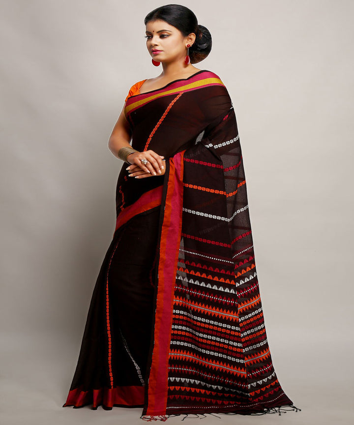 Black maroon handwoven begumpuri cotton bengal saree