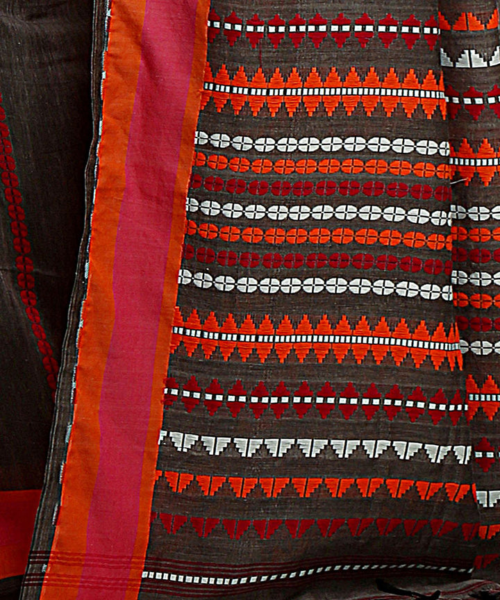 Grey red handwoven begumpuri cotton bengal saree