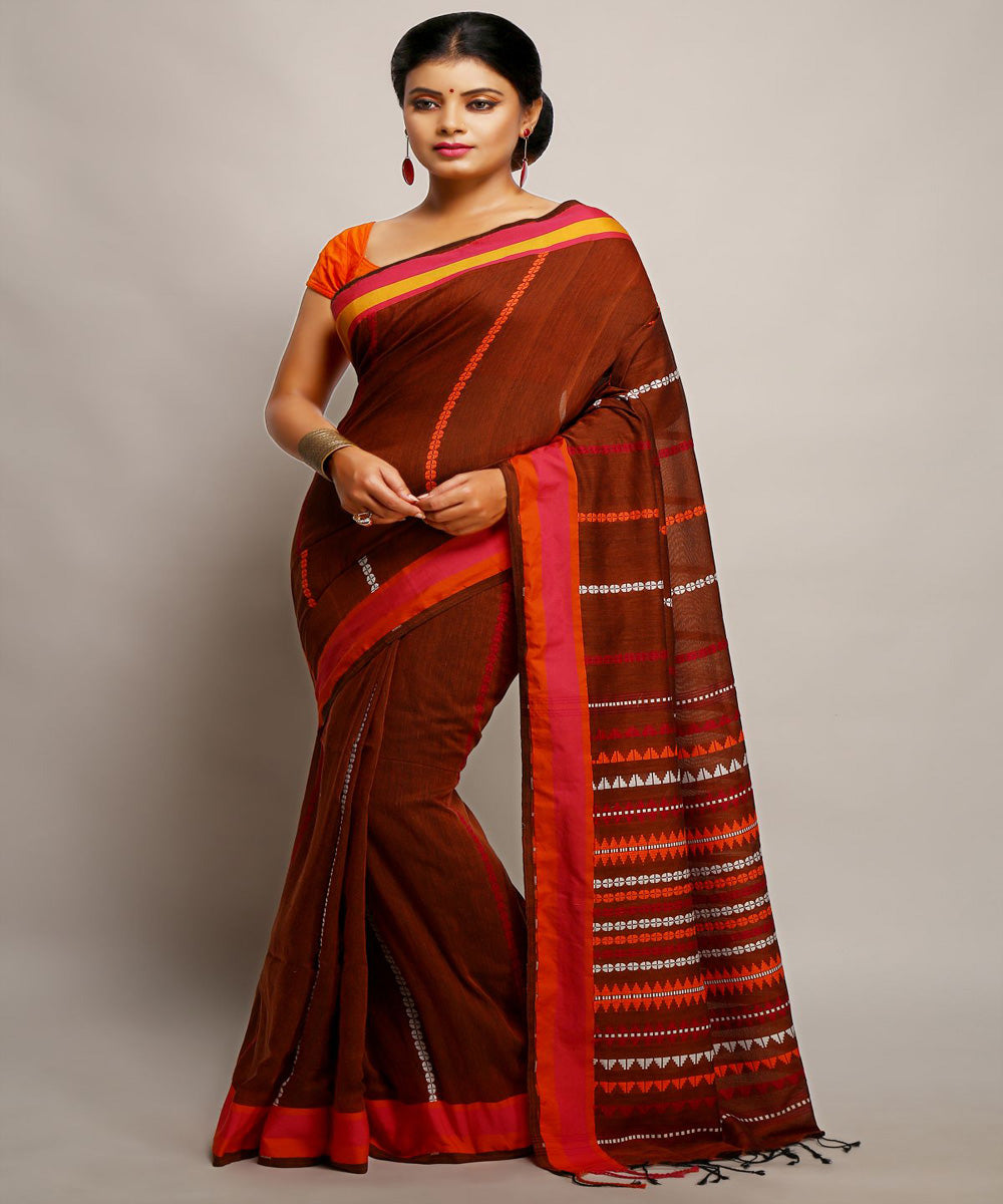 Brown handwoven begumpuri cotton bengal saree