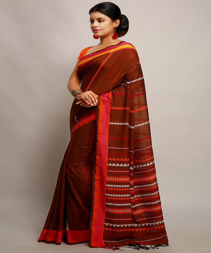 Brown handwoven begumpuri cotton bengal saree