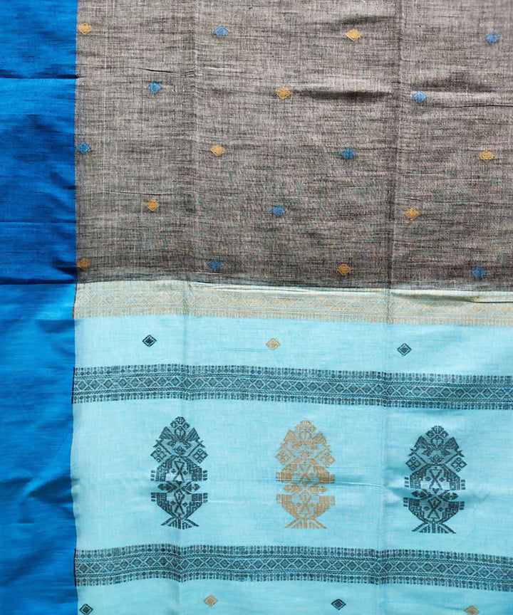 Grey navy blue handwoven cotton saree