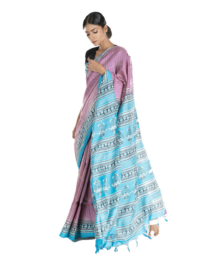 Pink blue hand block print bengal silk saree
