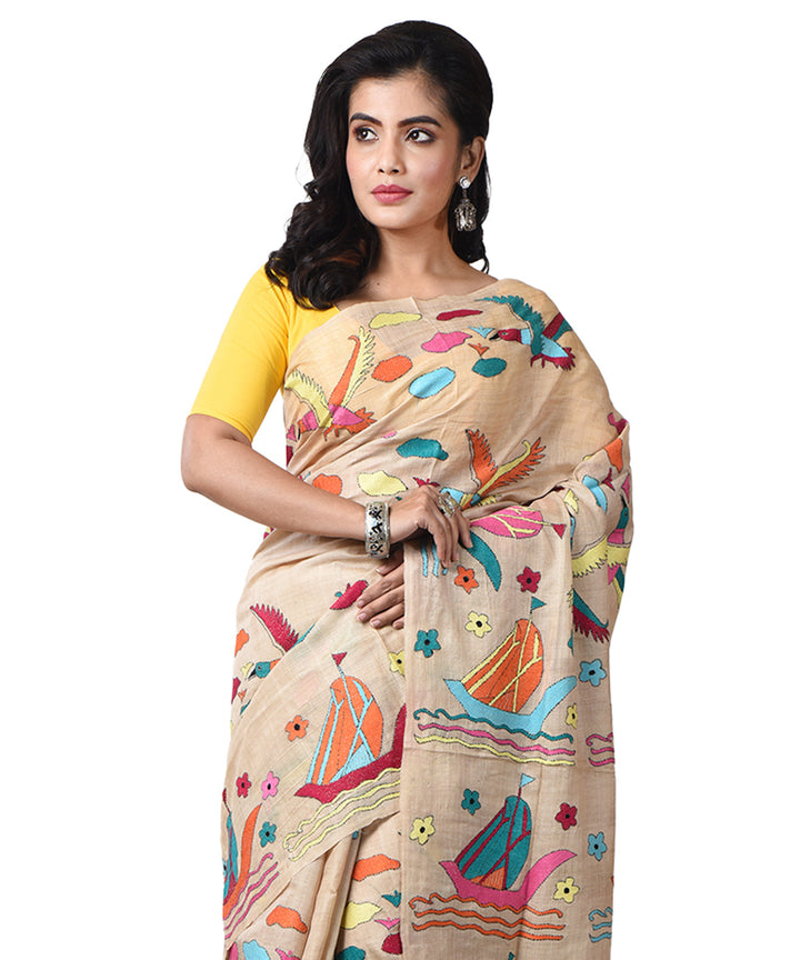 Beige bengal tussar silk hand embroidery kantha stitch saree