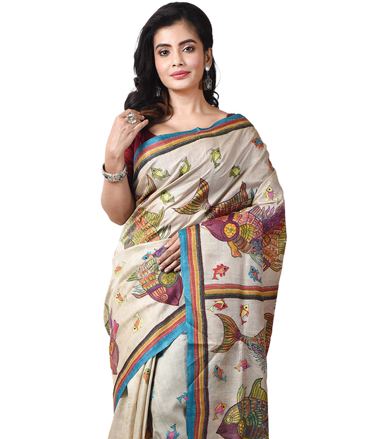 Bengal tussar silk beige hand embroidery kantha stitch saree