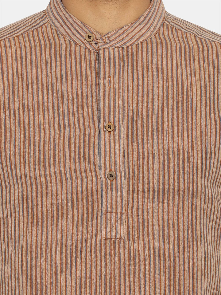 Brown striped mandarin collared short sleeve shirt