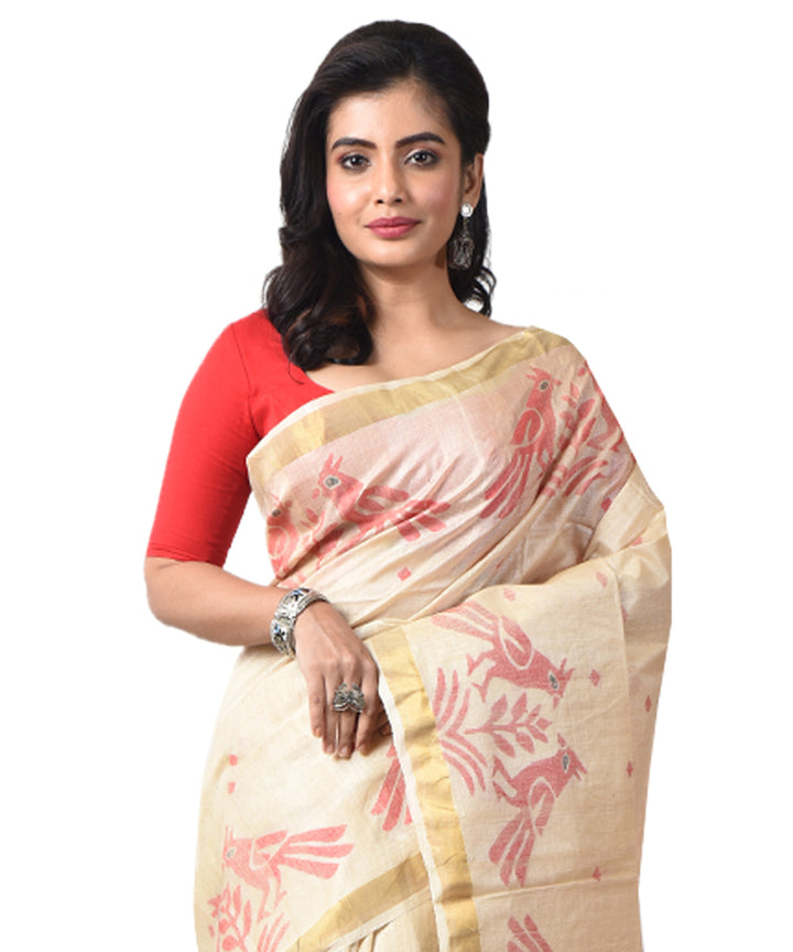 Beige red handwoven tussar silk bengal jamdani saree