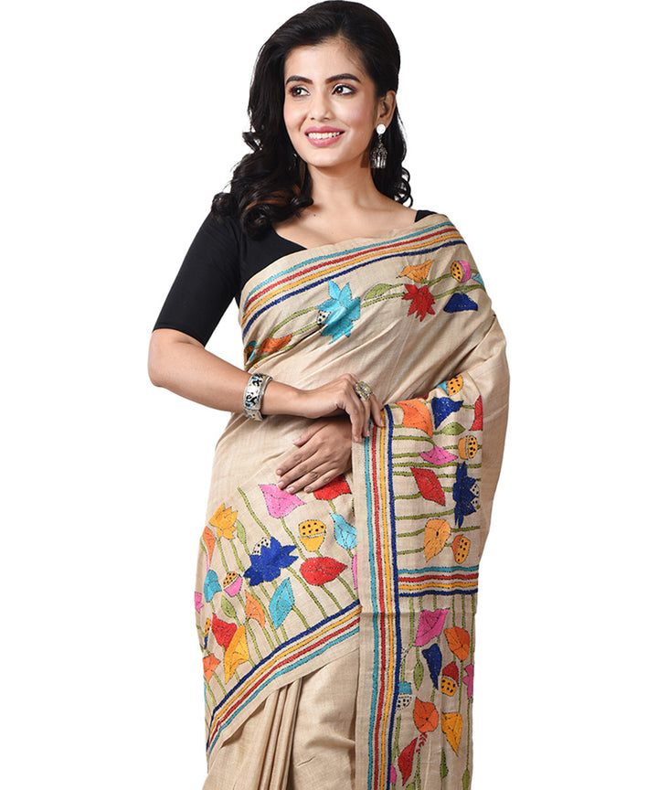 Beige tussar silk bengal hand embroidery kantha stitch saree