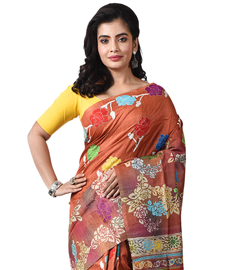 Brown bengal tussar silk hand embroidery kantha stitch saree