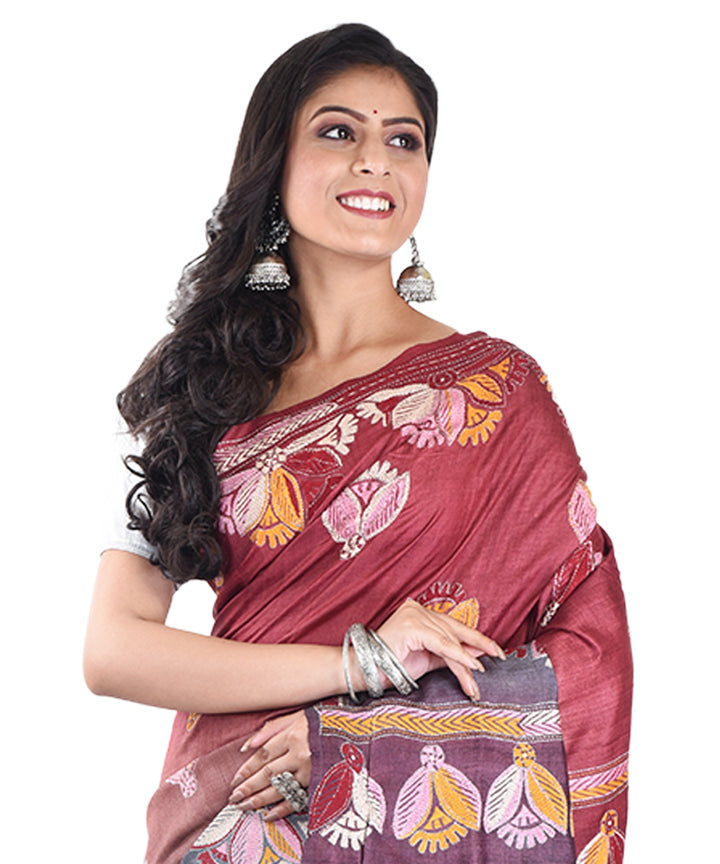 Maroon grey tussar silk hand embroidery saree