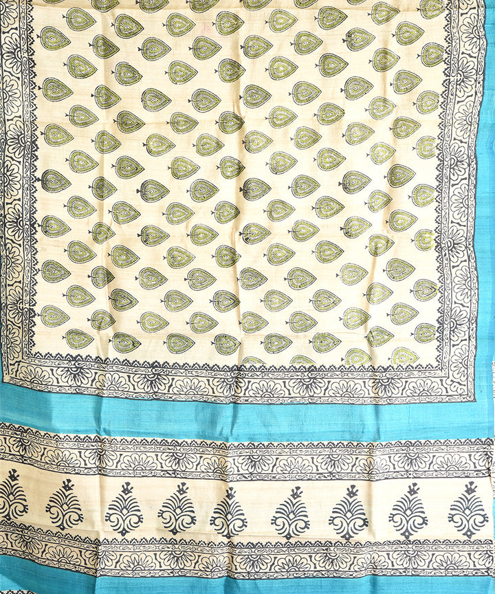 2pc Green beige hand block print tussar silk dress material