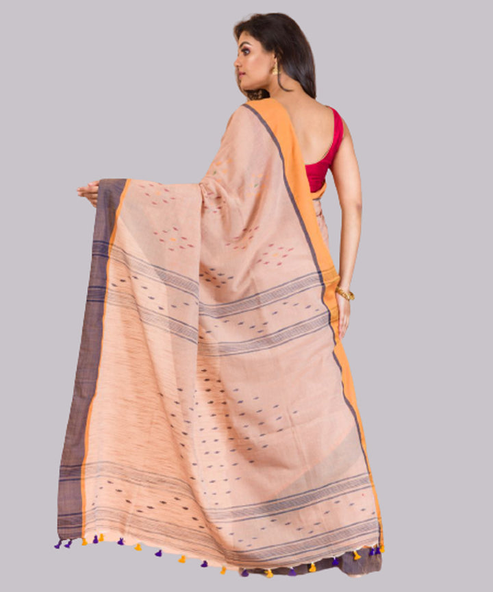 Peach black orange handwoven bengal cotton jamdani saree