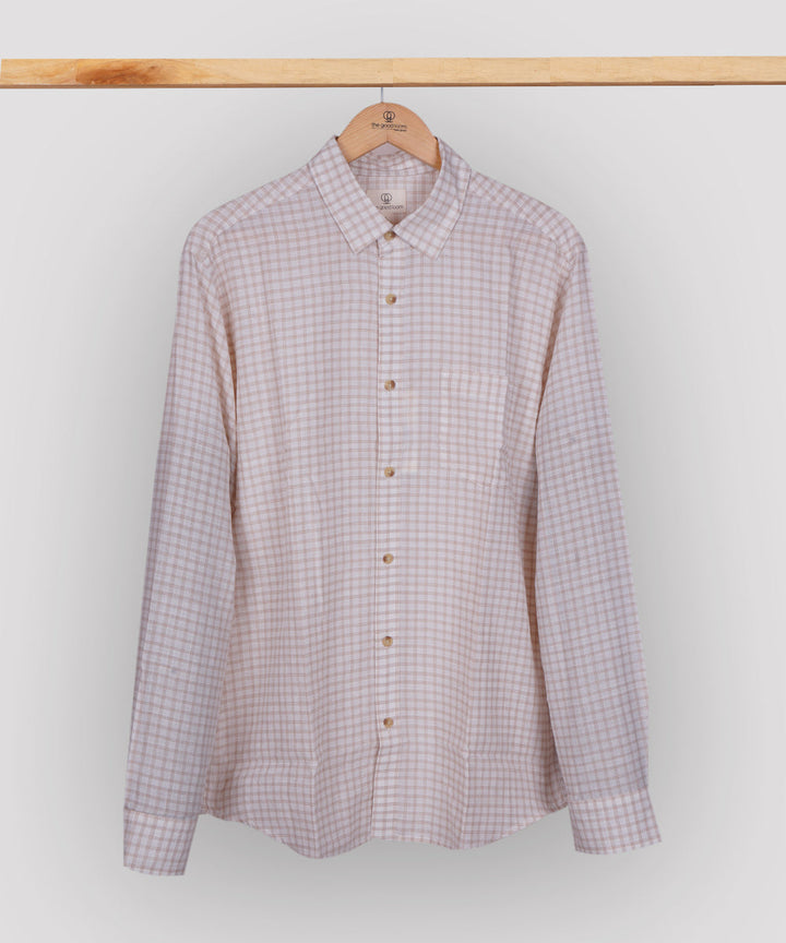 Light brown white checks regular collar cotton shirt