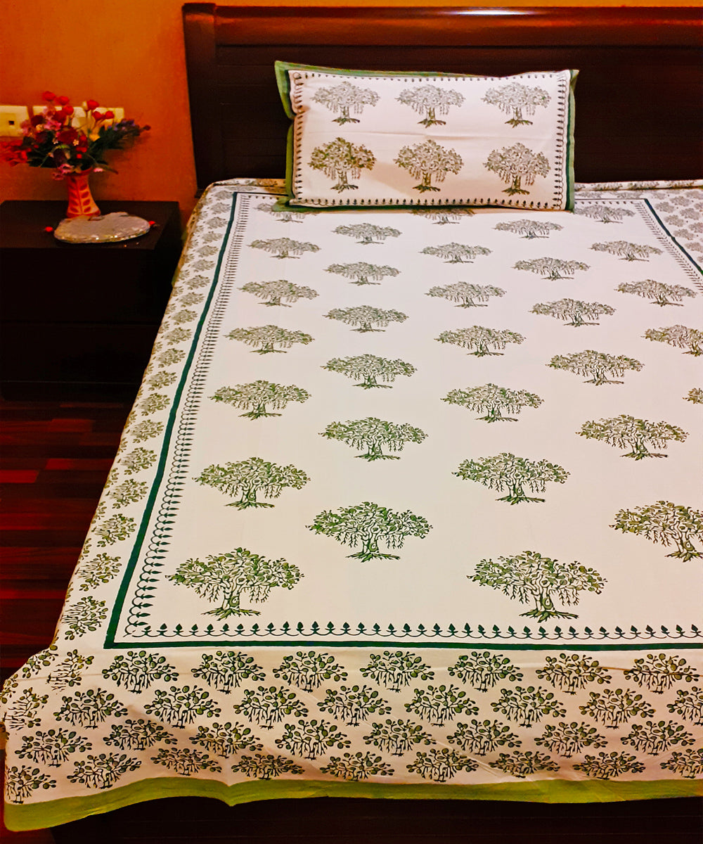 Tree motif block print cotton single bed sheet with pillow cover