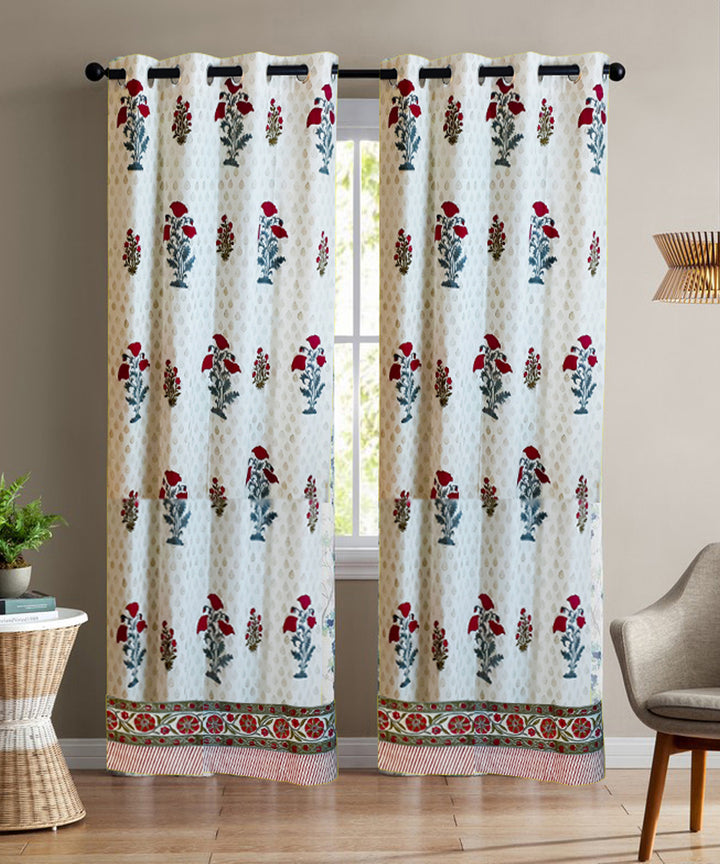 White hand block print long door cotton curtain