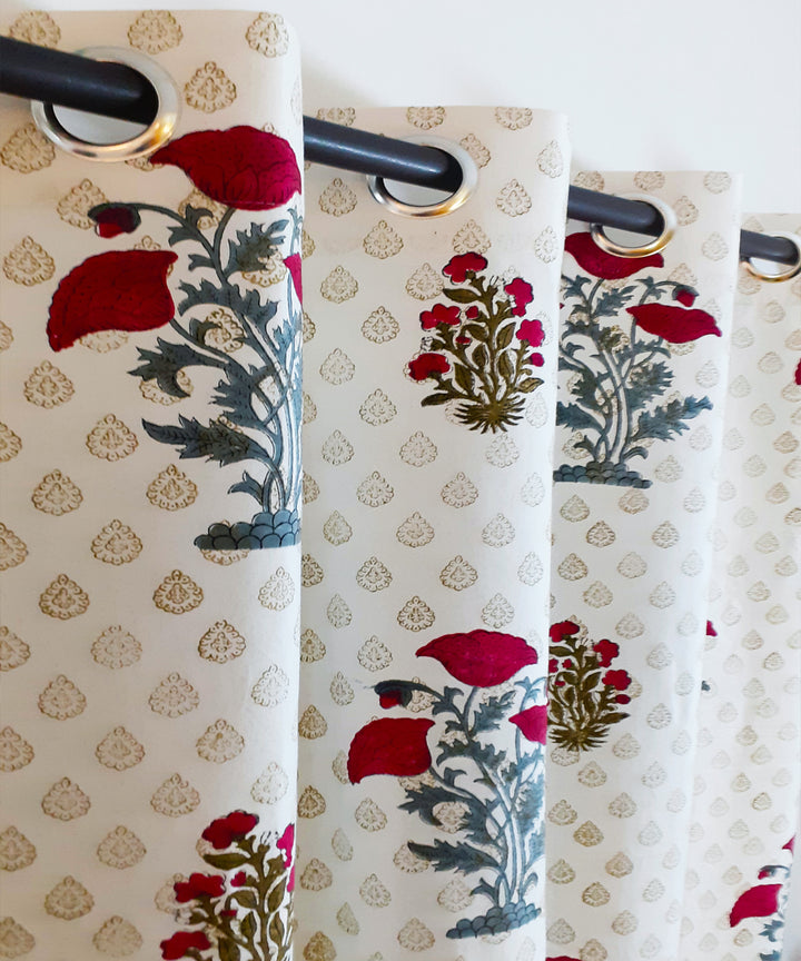 White hand block print long door cotton curtain