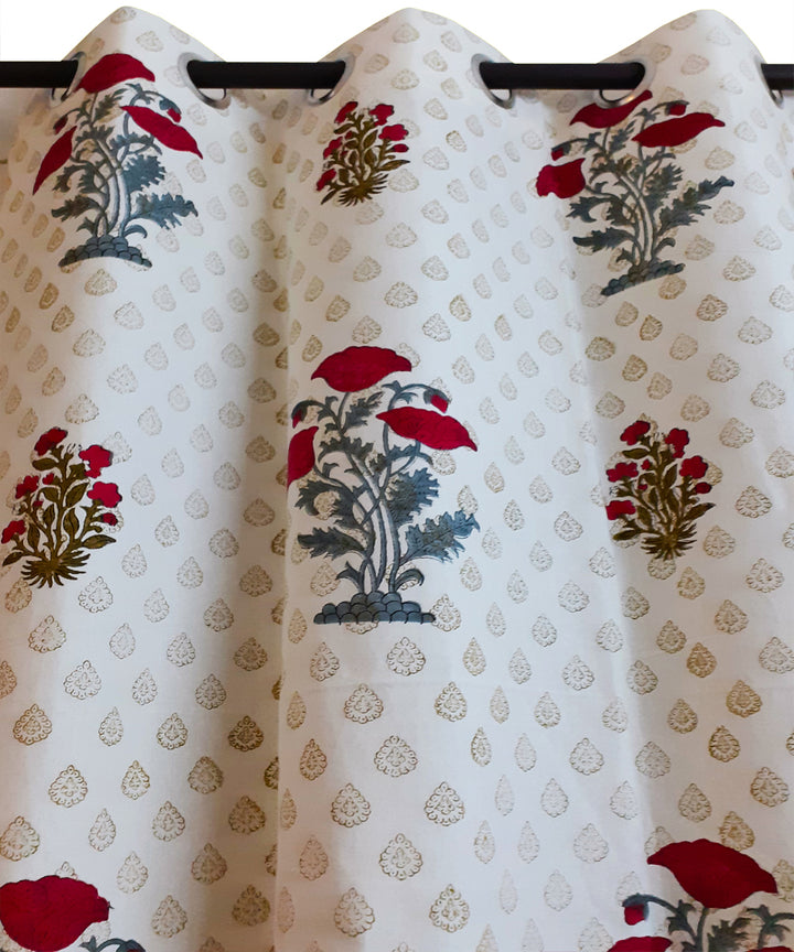 White hand block print long door cotton curtain