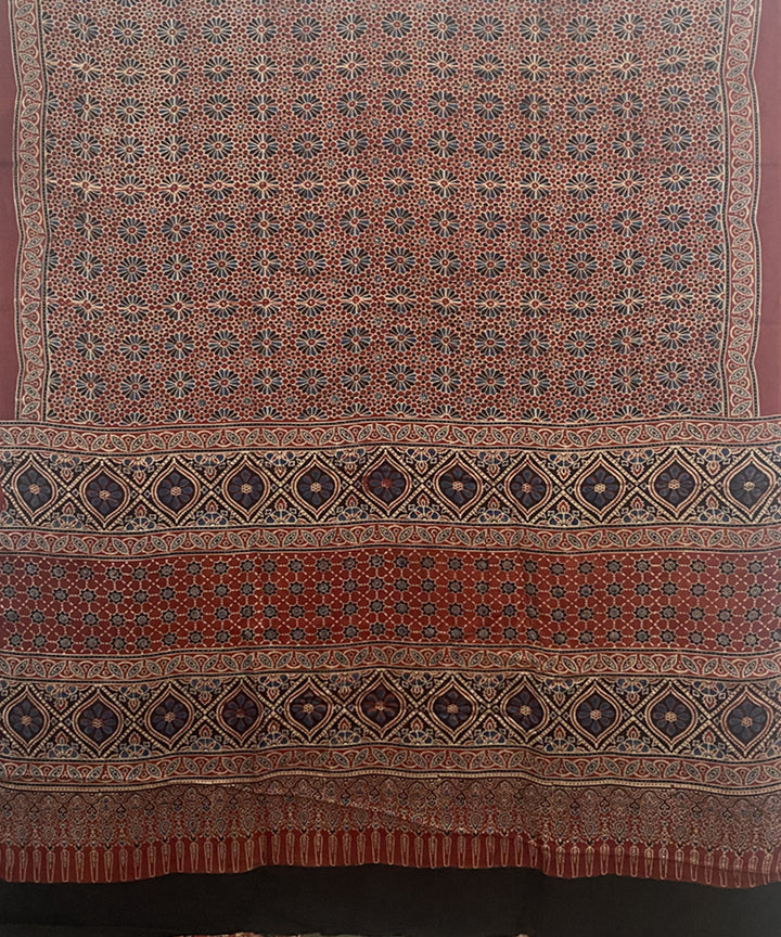 Maroon black handblock print modal silk ajrakh saree