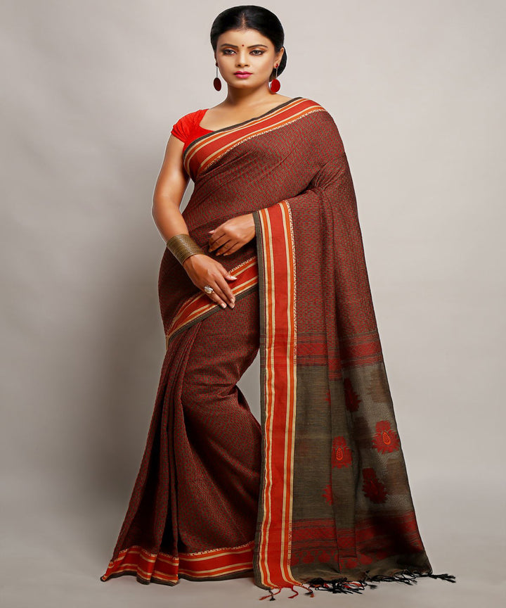 Brown silver handwoven cotton bengal saree