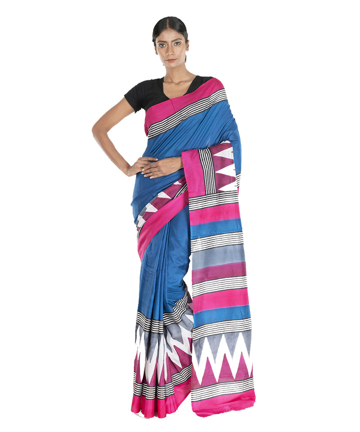 Navy pink hand block print bengal silk saree