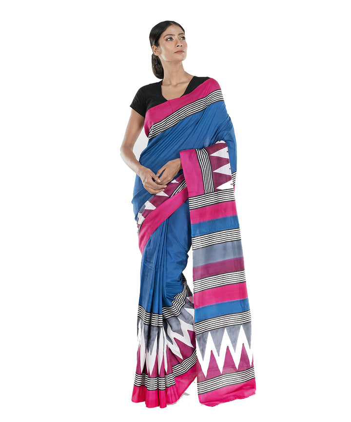 Navy pink hand block print bengal silk saree