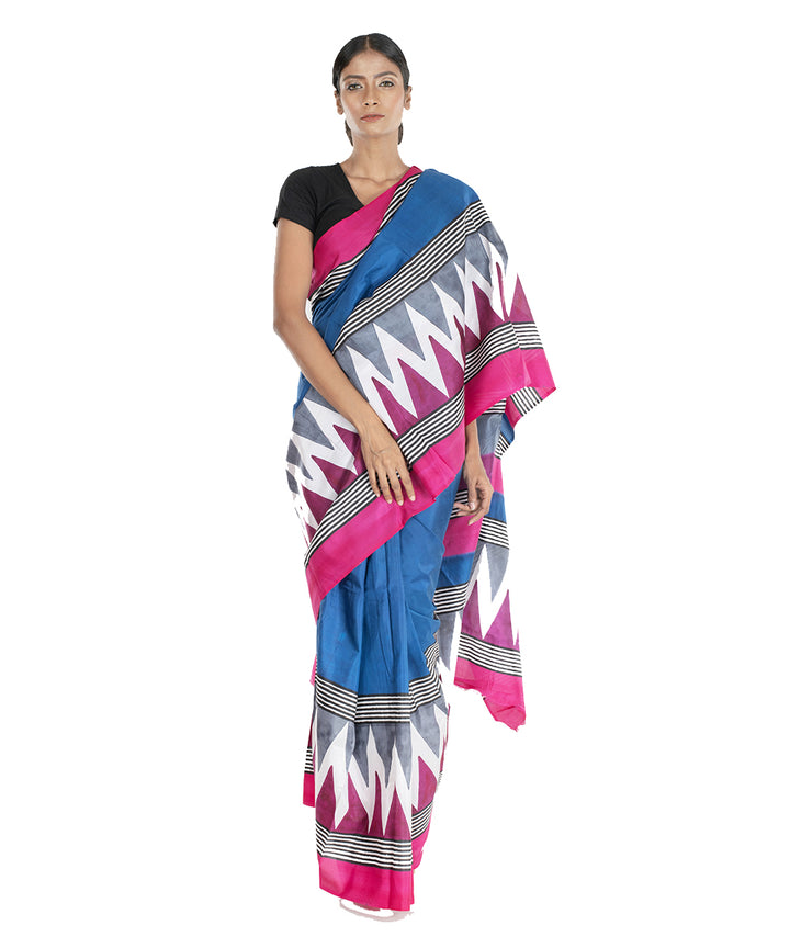Navy pink hand block print bengal silk saree