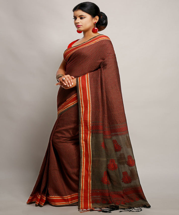 Brown silver handwoven cotton bengal saree