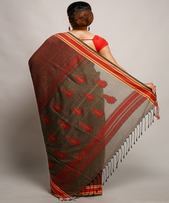 Brown silver handwoven cotton bengal saree