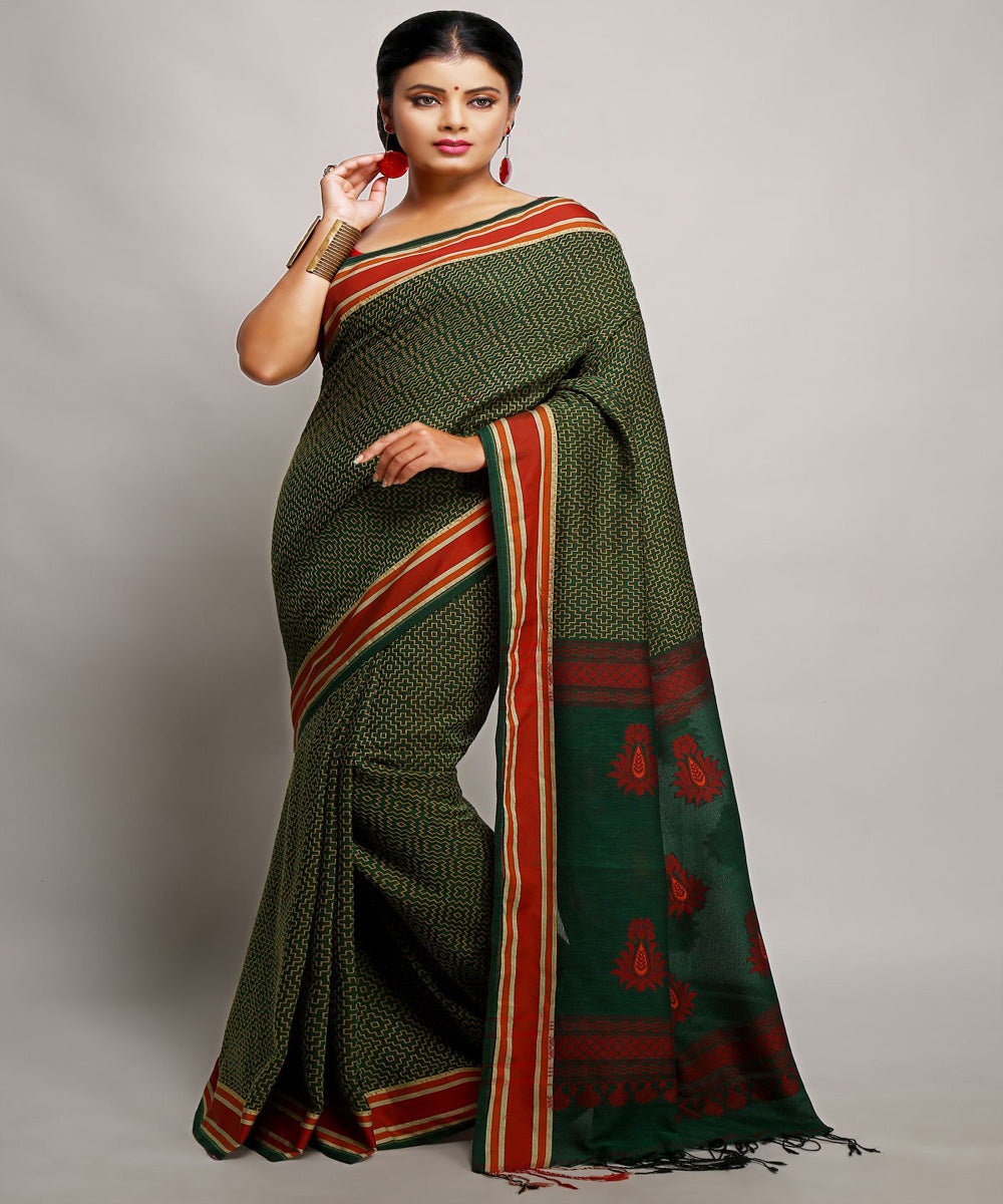 Dark green handwoven cotton bengal saree