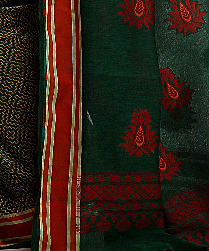Dark green handwoven cotton bengal saree