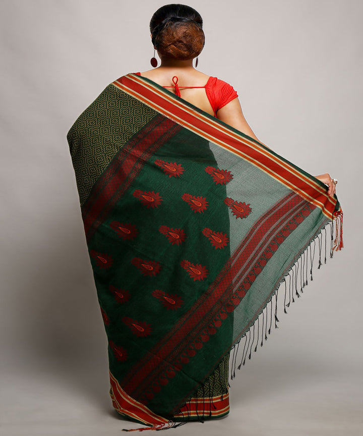 Dark green handwoven cotton bengal saree