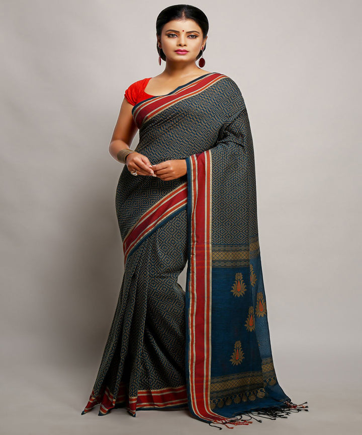 Grey blue handwoven cotton bengal saree