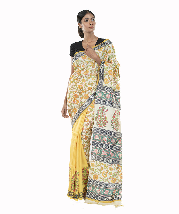 Yellow white hand block print bengal silk saree