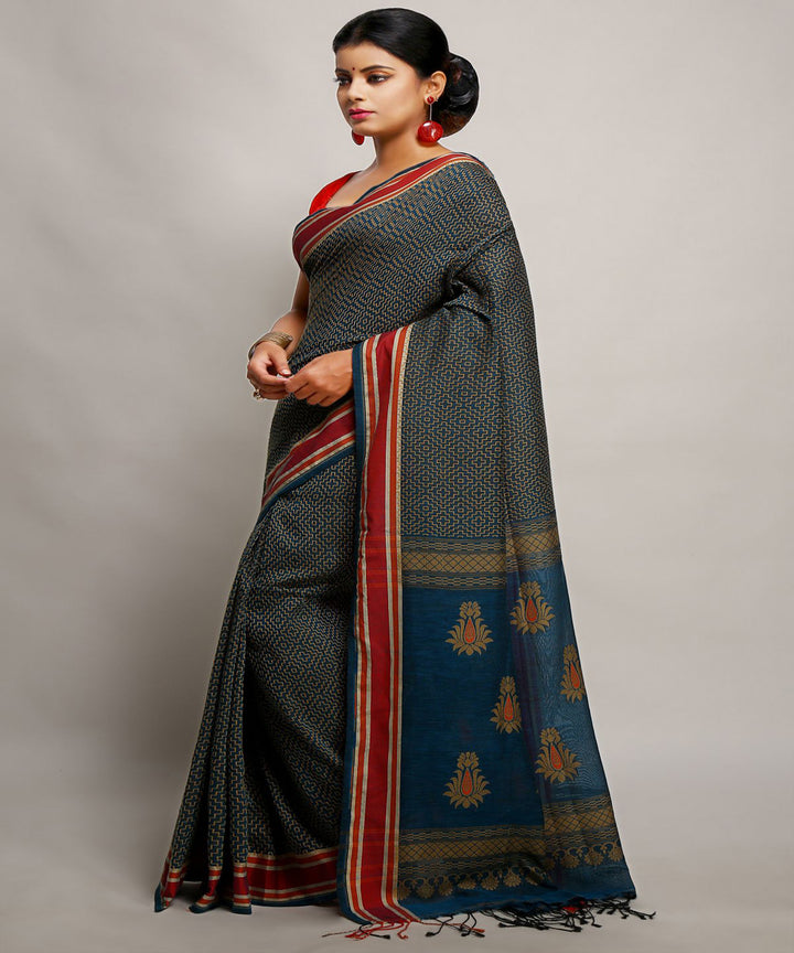 Grey blue handwoven cotton bengal saree