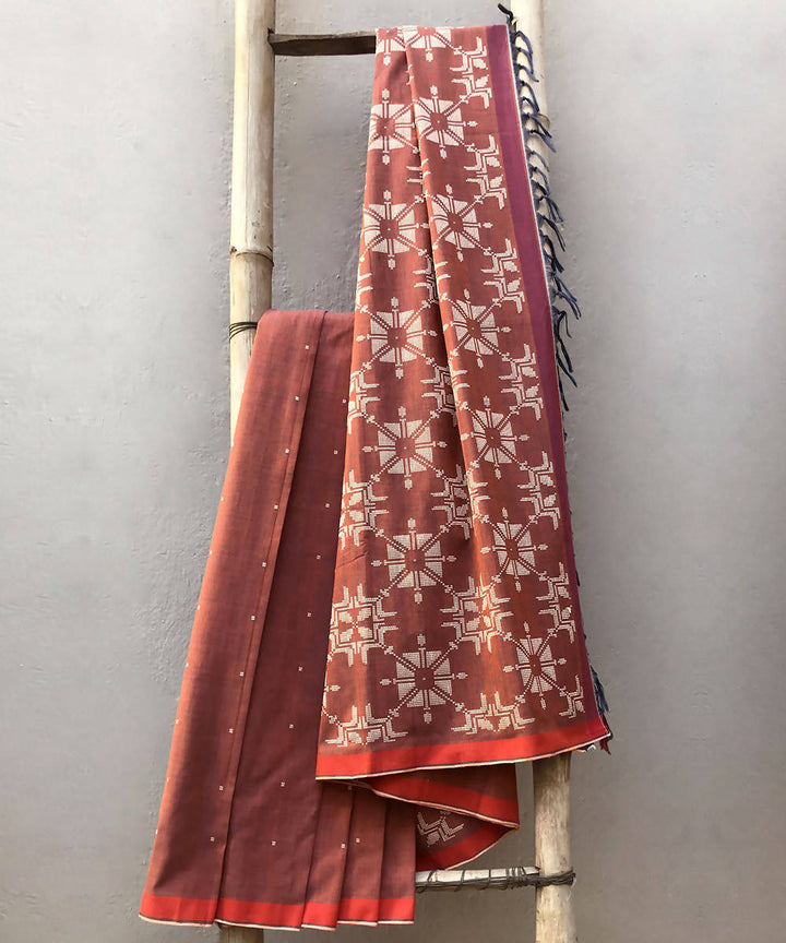 Brick brown white handwoven extra weft cotton saree