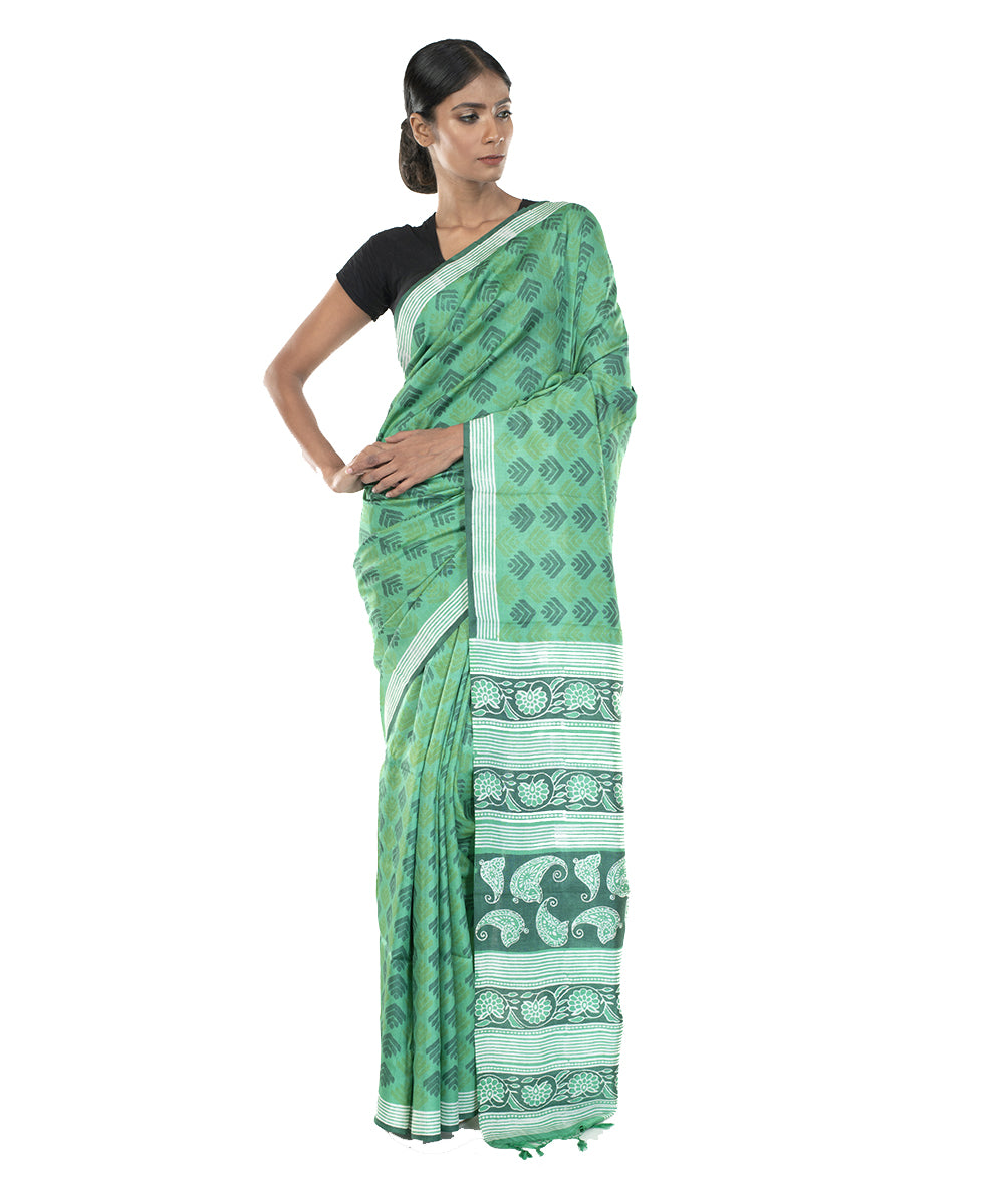 Green hand block print bengal silk saree