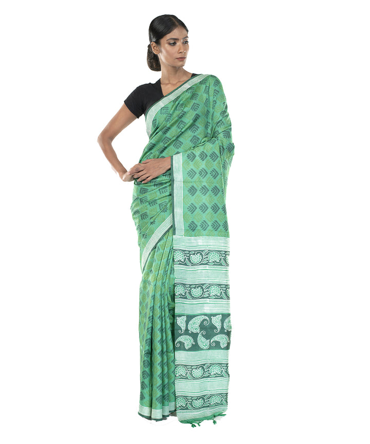 Green hand block print bengal silk saree