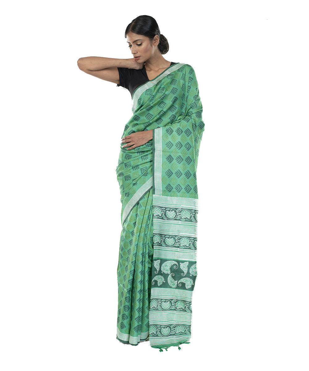 Green hand block print bengal silk saree