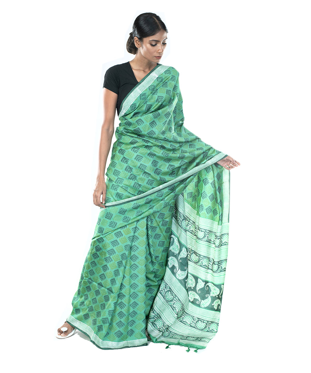 Green hand block print bengal silk saree