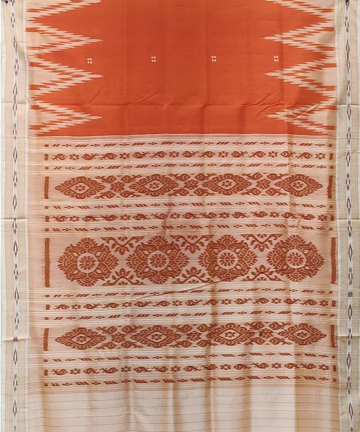 Orange white handwoven temple border punja buti silk khandua saree